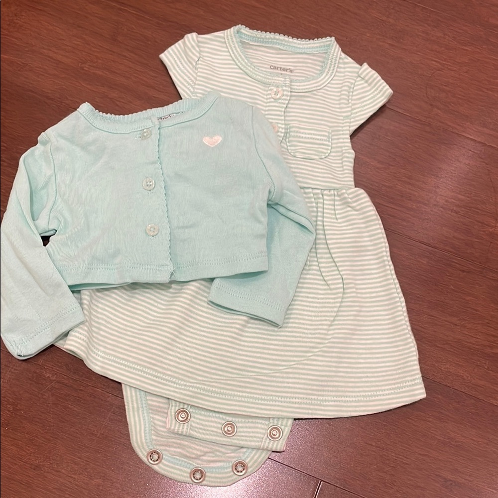 Carter's Mint Striped Baby Dress with Cardigan